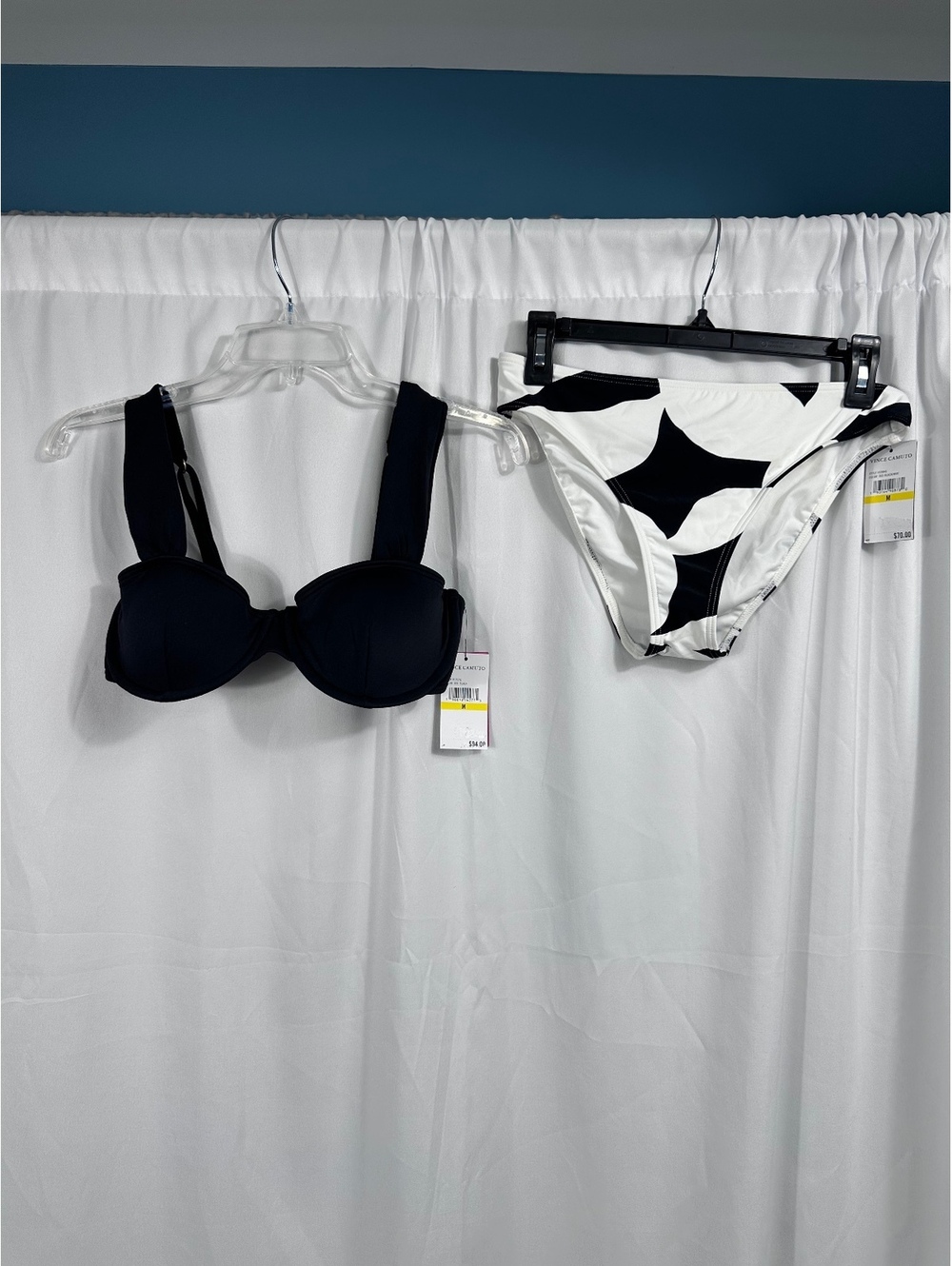 Vince Camuto Women's Black Bikini Top with Black and White Bikini Bottom, Size M